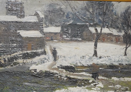 20th century, 'Packhorse bridge and Alms houses of Linton, near Grasington', oil on board, indistinctly signed lower right, 23 x 33cm